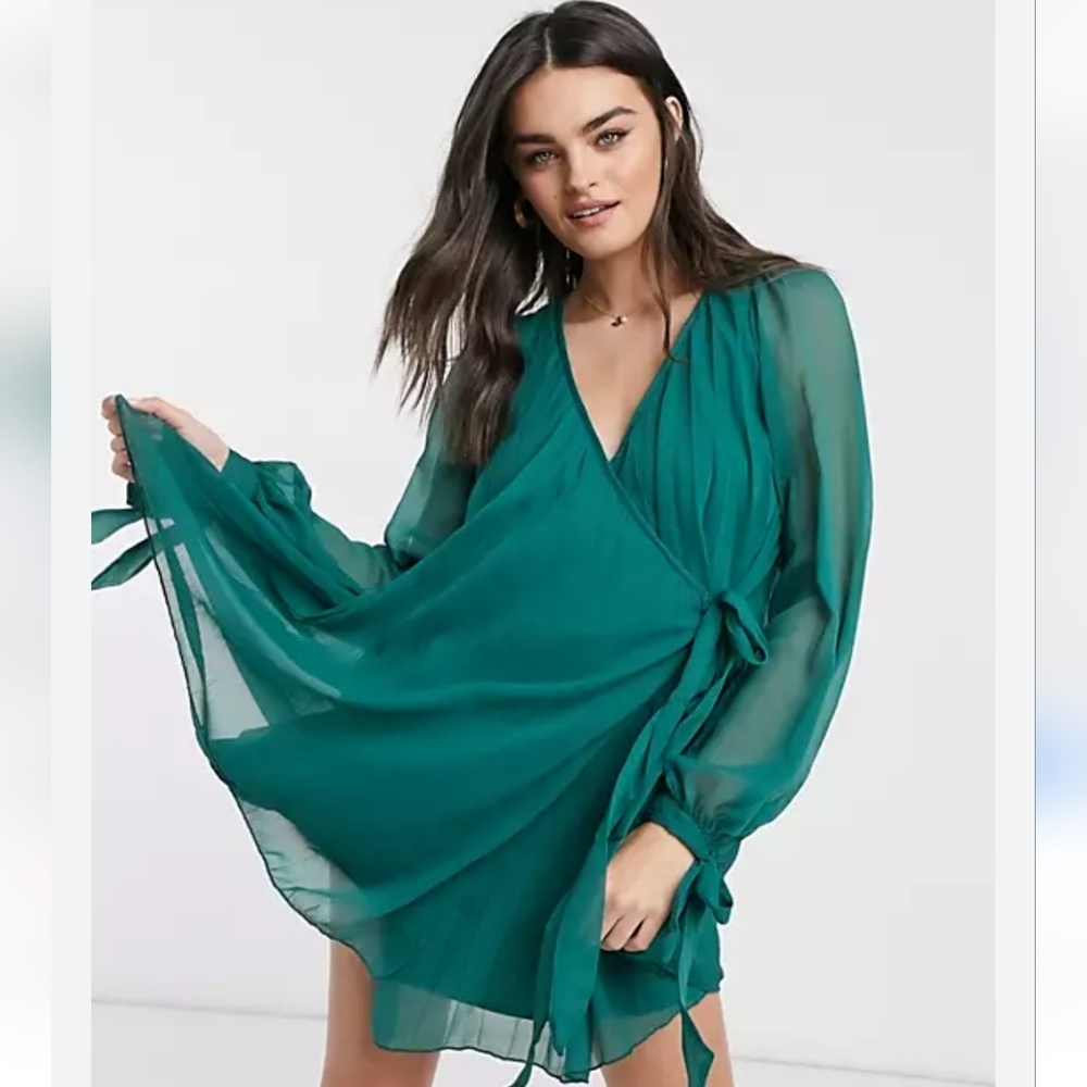 Asos Green Pleated Wrap Dress, Size 10